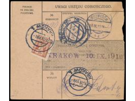 Postanweisung  auf 1000 K., Frankatur 50 H. und 2 K., Österreich-Stempel  Rozwadow  3.9.19, nach Krakow, rückseitig Aushilfsp
