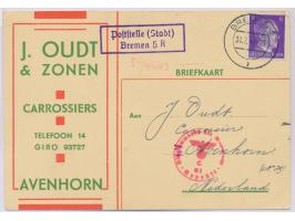 Niederländische Firmenkarte mit 6 Pf. Hitler nach Holland, violetter R2  Poststelle (Stadt) Bremen 5 R  und Stempel  Bremen 5