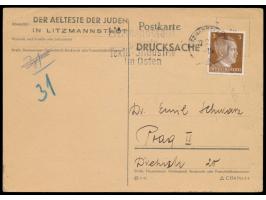 Ghetto Litzmannstadt,  Vordruckkarte  "Der Aelteste der Juden in Litzmannstadt"  als Drucksache nach Prag, Maschinenstempel L