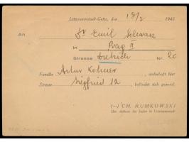 Ghetto Litzmannstadt,  Vordruckkarte  "Der Aelteste der Juden in Litzmannstadt"  als Drucksache nach Prag, Maschinenstempel L