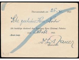 Ghetto Theresienstadt,  Empfangsbestätigungskarte für ein Paket, weißer Karton, ohne Druckvermerk, Frankatur Böhmen-Mähren 50