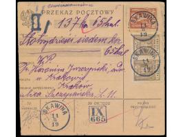 Postanweisung  auf 137 K., Frankatur 2 x 20 H. und 30 H., Österreich-K1  Skawina  11.9.19, nach Krakow, rückseitig Aushilfspo