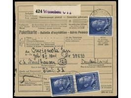 Auslands-Paketkarte aus dem Generalgouvernement mit 3x 50 Gr. Hitler, Stempel Warschau 12.4.44, Rückseite Z2 Paketzustellgebü