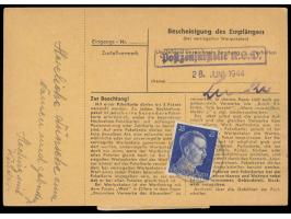 3 x 25 Pf. auf Paketkarte aus  Baschin über Krotoschin  21.6.44 für ein Paket an einen Häftling im  Konzentrationslager Dacha