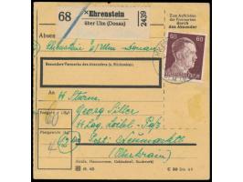 Einzelfrankatur 60 Pf. Hitler auf  Paketkarte  mit Stempel  Ehrenstein über Ulm (Donau)  12.10.44 an einen  SS-Mann des SS-La