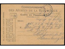 Französische Feldpost-Vordruckkarte mit handschriftlicher Absenderangabe "... 5. Kp. II. Btl. R.J.R. 224,  Depôt de Mikra b. 