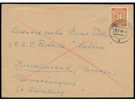 Brief an einen Leutnant z. See an Bord Minensuchboot Seelöwe in Kristiansand (Norwegen) über "Minenräumbootpost Hamburg", fra