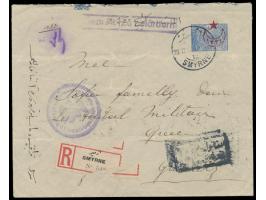 Türkei-Ganzsachenumschlag 1 Pia. mit rückseitig 1 Pia. und 2 x 5 Para (Kriegssteuer) als Einschreiben mit Stempel  Smyrne  23