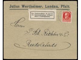 Rheinland-Besetzung, Bayern 15 Pf. auf Firmenbrief mit Stempel Landau, Pfalz 2 14.2.19 nach Rudolstadt, weißer Leitzettel übe