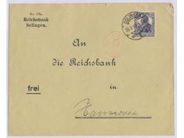 Rheinland-Besetzung,  15 Pf. auf Brief der Reichsbank Solingen nach Hannover, Stempel  Solingen 1  28.3.19, roter Zensur-Krei