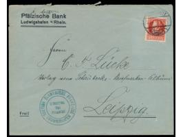 Rheinland-Besetzung, &nbsp;Bayern 15 Pf. auf Brief der Pfälzischen Bank in Ludwigshafen nach Leipzig, Stempel &nbsp;Ludwigsha