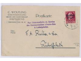 Rheinland-Besetzung, 10 Pf. "Volksstaat Bayern" mit Stempel Pirmasens 2 15.7.19 auf Firmenkarte nach Rudolstadt, Leitstempel 