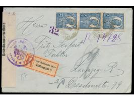 3 x  Rumänien  2 Lei auf Einschreibbrief aus Bukarest nach Leipzig, handschriftlicher R-Vermerk, rückseitig Bahnpoststempel B