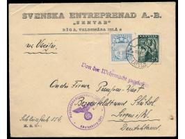 Lettland  10 S. und 25 S. auf Firmenbrief von Riga 28.11.39 nach Deutschland,  Zensur Königsberg,  violetter L1 "Von der Wehr