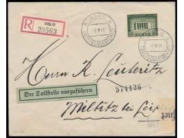 Norwegen-Sondermarke &nbsp;1 Kr mit Ersttagstempel Oslo 2.9.41 auf Einschreibbrief nach Deutschland, OKW-Zensur Berlin, Lands