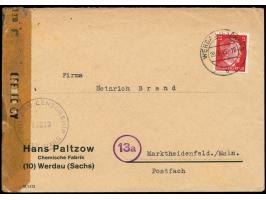 Firmenbrief mit Stempel  Werdau (Sachs) 2  20.3.45 nach Marktheidenfeld, "überrollt",  links Zellophanverschluß und Zensurste