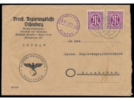 2 x 12 Pf. AM-Post auf Behördenbrief 2. Gewicht, Stempel Dillenburg 4.10.45 nach Wiesbaden, seltener Durchlaufstempel  Offenb