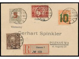 Gnesener Aushilfsausgabe:  5 f auf 2 Pf. und 10 f auf 7 1/2 Pf. mit Sejm 15 f und 20 f auf Einschreibbrief mit gedruckter Adr