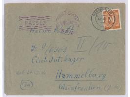 24 Pf. Ziffer auf Brief mit Stempel Hof (Saale) 1 9.12.46 an einen Internierten im Lager Hammelburg, Zensur-Durchlaufstempel 