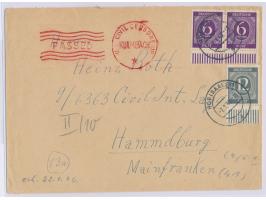2 x 6 Pf. und 12 Pf. Ziffer auf Brief mit Stempel Hof (Saale) 1 7.1.47 an einen Internierten im Lager Hammelburg, Zensur-Durc