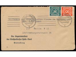 8 und 16 Pf. Ziffer auf Brief mit Maschinenstempel Halle (Saale) 8 &nbsp;2.4.47 &nbsp;nach Berlin, rückseitig sowjetischer Ze