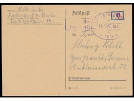Fredersdorf,  Etikette 6 Pf. mit Signum auf Postkarte nach Greifswald, Ovalstempel Fredersdorf b. Berlin 11. Okt. 1945 und R2