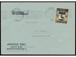 Storkow,  12 Pf. fehlgezähnt und senkrecht entlang des Markenbildes mit Scherenschnitt auf Drucksache, Maschinenstempel  Berl