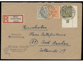 Frühverwendung 30 Pf.  (Eckrandstück rechts unten) mit 4 und 8 Pf. AM-Post auf  Einschreibbrief  nach Aachen, Stempel  Mainz-