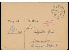 Postkarte  Nachforschungsgebühr 80 Pf.  mit Stempel  Delmenhorst 1  25.4.46 und roter R1 Nachgebühr, Nachforschung nach einem