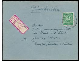 84 Pf. auf Einschreibbrief mit Stempel  Urbach über Porz  15.11.46 nach Amberg,  Not-R-Zettel:  R-Stempel Porz auf weißem Pap