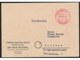 Drucksachenkarte "Die Neue Zeitung" mit rotem Stempel (13b) München 13 Bezahlt 26.11.46 nach Cottbus / SBZ, rückseitig Text "
