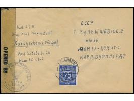 75 Pf. Ziffer auf Brief mit Stempel  Erlangen 2  30.1.47an den Ingenieur Karl Wurmstedt  in Kuibyschew / UdSSR,  deutscher Sp