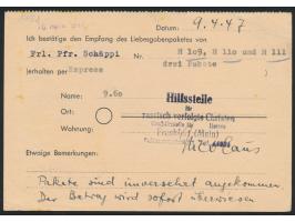6 Pf. Ziffer (etwas fleckig) mit Stempel Frankfurt (Main) Süd 10 11.4.47 auf Empfangsbestätigungskarte für ein Liebesgabenpak
