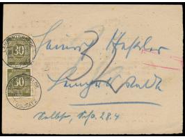 2 x 30 Pf. Ziffer mit Stempel  Lampertswalde über Oschatz  28.4.47 auf  Benachrichtigungskarte für zwei Geschenkpakete  (hekt