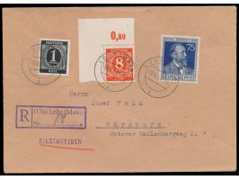 8 Pf. Ziffer mit Eckrand links oben  und 1 Pf. Ziffer und 75 Pf. Stephan auf Einschreibbrief, Stempel Lohr (Main) 18.6.47, vi