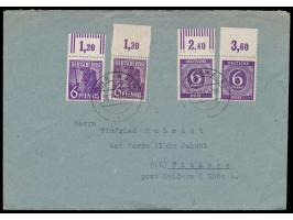 4 x 6 Pf. 1. und 2. Kontrollratserie mit Oberrändern auf Brief, dabei 6 Pf. Ziffer mit  durchgezähntem Plattendruck-Oberrand 