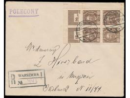 Oberrand-Viererblock 20 F. Trampczynski mit  Doppelzähnung im Oberrand  auf philatelistischem Einschreibbrief, aptierter deut