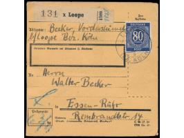 Einzelfrankatur 80 Pf. Ziffer auf  Paketkarte  mit Stempel  Loope (Bz. Köln)  21.8.47 für ein Paket nach Essen, rückseitig an