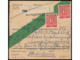 alte  Ersatzpostgutkarte  (Formular C 18 E ...) als  Notpaketkarte,  Frankatur 2 x 35 Pf. Ziffer und 4 x 1 M. Taube (rückseit