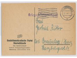 Drucksachenkarte der  "Kriegsgefangenenhilfe der SPD"  mit Maschinenstempel  Hannover 2  3.1.48 als portofreie Kriegsgefangen