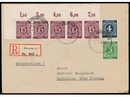 15 Pf. Ziffer bräunlichlila als linker oberer  Eckrand-Fünferstreifen  mit 4 Pf. und 5 Pf. Ziffer auf  Einschreibbrief  mit S