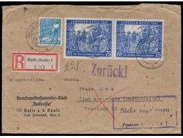 Auslands-R-Brief (überfrankiert) mit Stempel  Halle (Saale) 1  13.4.48 nach Österreich, Z1  Zurück!  und R2  Nicht zugelassen