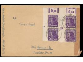 Zwei senkrechte Eckrandpaare 6 Pf.  mit Plattennummern 1   und 4  (positiv bzw. negativ) auf Brief nach Bautzen, Stempel  Eis