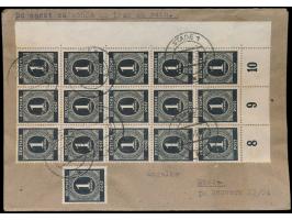 16 x  1 Pf. Ziffer  (15er-Eckrand-Block rechts unten und Einzelmarke) auf Ortsbrief, Stempel  Stade   1  19.6.48, portorichti