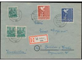 16 Pf. Arbeiter im  ungezähnten waagerechten Paar  mit weiterer 16 Pf. und 3 M. und 5 M. Taube als  Zehnfachfrankatur  auf Or