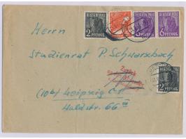 Briefkastenleerung am Tag der Währungsreform: Brief mit Kontrollrat-Mischfrankatur 24 Pf., Stempel  Essen 1  21.6.48, nach Le