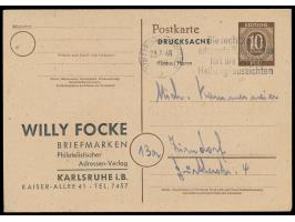 Ganzsache 10 Pf. Ziffer mit beidseitigem  Zudruck "Willy Focke, Karlsruhe i. B."  als Drucksache nach Zirndorf, Maschinen-Wer