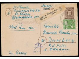 Ganzsache 10 Pf. Ziffer  mit Zusatzfrankatur 10 Pf. und 2 x 80 Pf. Arbeiter (letztere rückseitig) als  Notpaketkarte  mit Ste