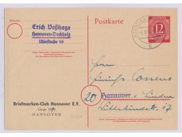 Ganzsache 12 Pf. Ziffer rot mit beidseitigem  Zudruck "Briefmarken-Club Hannover E.V.",  Druckfehler (Gründungsjahr) im Absen