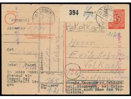 Ganzsache 45 Pf.  Ziffer mit Matrizüberdruck als  Notpaketkarte,  Stempel  Coburg 1  15.8.47, roter  Registrierkassenstempel 